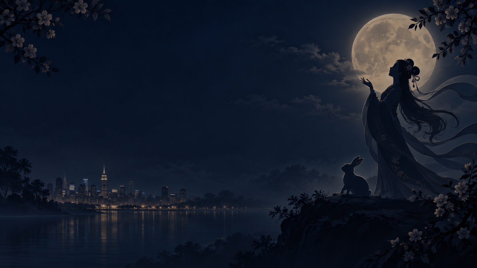 A woman in flowing robes gazing up at the moon over the Manhattan skyline